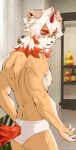 absurd_res anthro areola arknights athletic athletic_anthro athletic_male canid canine canis clothed clothing domestic_dog fur hair hi_res horn hung_(arknights) hypergryph looking_at_viewer looking_back male mammal multicolored_body multicolored_fur nipples orange_hair orange_tail solo studio_montagne tail tan_body tan_fur two_tone_body two_tone_fur underwear underwear_only weibo weibo_id_7797542145 white_body white_fur