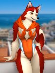  2024 3:4 5_fingers absurd_res anthro anthrofied balto_(series) blurred_background breasts butt butt_from_the_front canid canine canis chest_tuft clothed clothed_anthro clothed_female clothing domestic_dog eyebrows eyelashes female fingers fur hi_res hip_tuft humanoid_hands husky jenna_(balto) kerchief mammal mykegreywolf nordic_sled_dog one-piece_swimsuit open_mouth open_smile orange_clothing orange_eyes orange_scarf orange_swimwear outside red_body red_fur scarf smile solo spitz swimwear tan_body tan_fur teeth thigh_gap tuft universal_studios 