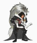  1boy animal animal_feet black_bridal_gauntlets black_cape black_footwear black_hair bridal_gauntlets cape carrying clive_rosfield colored_sclera final_fantasy final_fantasy_xvi grey_fur highres orange_sclera pants piggyback torgal_(ff16) unamused white_background white_fur wolf wrandonbu 