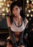  1girl 3d artist_name billyhhyb black_hair black_skirt blurry blurry_background breasts cleavage closed_mouth collarbone crop_top elbow_gloves final_fantasy final_fantasy_vii final_fantasy_vii_rebirth final_fantasy_vii_remake fingerless_gloves gloves highres large_breasts lips long_hair looking_at_viewer low-tied_long_hair materia midriff miniskirt navel patreon_username red_eyes sitting skirt solo stomach suspender_skirt suspenders swept_bangs tank_top tifa_lockhart very_long_hair 