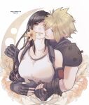  1boy 1girl armor bare_shoulders black_gloves black_hair blonde_hair breasts character_name cheek-to-cheek closed_mouth cloud_strife collarbone commentary_request couple crescent_moon crop_top dated elbow_gloves final_fantasy final_fantasy_vii final_fantasy_vii_rebirth final_fantasy_vii_remake fingerless_gloves flower gloves happy_birthday heads_together highres holding holding_flower hug hug_from_behind large_breasts lips long_hair looking_at_another mixmomo_yah moon pink_lips red_eyes shoulder_armor sleeveless sleeveless_turtleneck smile spiked_hair suspenders sweater swept_bangs tank_top tifa_lockhart turtleneck turtleneck_sweater upper_body white_tank_top 