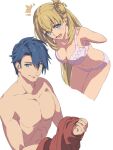  1boy 1girl ^^^ abs agnes_claudel blue_eyes blue_hair blurry border breasts chiharu_(9654784) cleavage closed_mouth commentary_request eiyuu_densetsu highres kuro_no_kiseki large_breasts leaning_forward looking_at_viewer open_mouth outside_border pectorals red_shirt shirt short_hair simple_background smile sweat underwear unworn_shirt van_arkride white_background white_border 