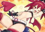  1girl absurdres arm_strap armpits black_bra black_gloves black_shorts blush boots bra breasts bright_pupils commentary covered_nipples demon_girl demon_tail demon_wings disgaea fang gloves heart highres jank365m looking_at_viewer makai_senki_disgaea navel one_eye_closed open_mouth prinny red_eyes red_hair short_hair short_shorts shorts slit_pupils small_breasts smile solo_focus stomach tail thigh_boots thighs twintails underwear white_pupils wings 