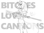  2023 anthro anti_material_rifle bottomwear canid canid_demon canine clothing collar demon ear_piercing english_text eye_through_hair eyebrow_through_hair eyebrows eyelashes female female_anthro fluffy fluffy_tail fur grey_text greyscale gun hair head_turned hellhound helluva_boss holding_gun holding_object holding_ranged_weapon holding_rifle holding_weapon legwear long_hair looking_at_viewer loona_(helluva_boss) mammal monochrome mythological_canine mythological_creature mythology occult_symbol pentagram piercing potatonebula prick_ears profanity pupils ranged_weapon scope shirt signature skirt slit_pupils smile smirk snout solo spiked_collar spikes standing symbol tail teeth text thigh_highs topwear torn_clothing torn_shirt torn_skirt torn_topwear translucent translucent_hair weapon 