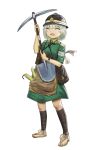  1girl alternate_costume apron armband brown_apron brown_helmet closed_eyes commentary_request cookie_(touhou) dress dynamite epaulettes explosive full_body green_dress grey_hair hard_hat helmet highres holding holding_pickaxe holding_shovel konpaku_youmu leg_wrap medium_bangs open_mouth pickaxe pouch sandals short_hair short_sleeves shovel simple_background smile solo tihami touhou waist_apron white_background zerukalo_(cookie) zouri 