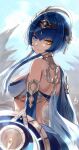  1girl bare_shoulders blue_eyes blue_hair blue_sky breasts candace_(genshin_impact) commentary day genshin_impact heterochromia highres koissa long_hair medium_breasts midriff outdoors shield sky solo upper_body yellow_eyes 