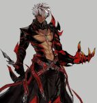  1boy abs absurdres armor bare_pectorals belt black_hair black_pants clawed_gauntlets clothing_cutout cowboy_shot cross cross_necklace elsword grey_background hair_between_eyes highres holding holding_sword holding_weapon jewelry looking_at_viewer male_focus multicolored_hair muscular muscular_male navel necklace pants pectorals rage_hearts_(elsword) raven_cronwell red_belt scar scar_on_chest seutaan1 short_hair shoulder_spikes simple_background solo spikes streaked_hair sword toned toned_male weapon white_hair 