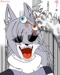 absurd_res blood blood_from_eye blue_eyes bodily_fluids canid canine canine_teeth canis coyote eyeball female fur gore grey_body grey_fur hi_res humor leica leica_2007 mammal meme open_mouth orange_eyes pull_out self-harm tiger_shark_(comics)
