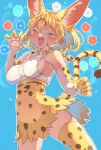  1girl absurdres animal_ears animal_hands bare_shoulders blonde_hair blush bow bowtie cat_ears cat_girl cat_tail center_frills claw_pose closed_eyes extra_ears fang frills gloves high-waist_skirt highres kemono_friends open_mouth osnmykk paw_gloves print_bow print_bowtie print_gloves print_skirt print_thighhighs serval_(kemono_friends) serval_print shirt short_hair skirt sleeveless solo tail thighhighs white_gloves white_shirt zettai_ryouiki 