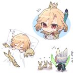  2boys :&lt; ? alhaitham_(genshin_impact) animal animal_ears animal_on_head bed_sheet blonde_hair cape cat_boy cat_ears cat_tail chibi closed_eyes closed_mouth commentary_request dual_wielding ear_covers english_text facing_away feather_hair_ornament feathers fox from_behind genshin_impact green_cape hair_between_eyes hair_ornament holding holding_animal holding_sword holding_weapon kaveh_(genshin_impact) koma_(km_mmmk) long_hair long_sleeves looking_at_viewer male_focus multiple_boys multiple_views notice_lines on_head parted_bangs pillow puffy_long_sleeves puffy_sleeves red_cape red_eyes shirt sidelocks simple_background sleeping sweatdrop sword tail u_u weapon white_background white_shirt zzz 