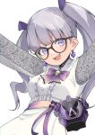  1girl belt black-framed_eyewear dress earrings glasses grey_background grey_hair haruna_(vtuber) heart heart_earrings heavenrend highres jewelry long_hair open_mouth purple_belt purple_eyes smile solo twintails valefal_coneri white_dress 