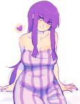  1girl absurdres bags_under_eyes blush breasts cleavage commentary dress english_commentary head_tilt highres jess_(p2eocene) large_breasts long_hair looking_at_viewer patchouli_knowledge plump purple_eyes purple_hair sitting sketch smile solo strapless strapless_dress striped_clothes striped_dress touhou very_long_hair 