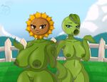  big_breasts blue_eyes breasts duo electronic_arts elemental_creature elemental_humanoid female female/female flora_fauna flower flower_creature genitals green_body hi_res huge_breasts humanoid nipples not_furry peashooter_(pvz) plant plant_humanoid plants_vs._zombies popcap_games pussy ryunsfw sunflower_(pvz) 