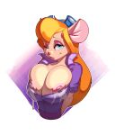  2018 anthro areola big_breasts blonde_hair blue_eyes breasts chip_&#039;n_dale_rescue_rangers digital_media_(artwork) disney exposed_breasts eyelashes eyeshadow eyewear female gadget_hackwrench goggles hair lactating long_hair looking_at_viewer makeup mammal mouse nipples one_eye_closed open_mouth rodent simple_background smile white-devil white_background 
