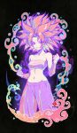  1girl bandeau bare_shoulders black_background caulifla clenched_hands collarbone dragon_ball dragon_ball_super grey_bandeau grin highres kanchiyo long_hair looking_at_viewer midriff navel orange_hair pants purple_pants red_eyes smile solo spiked_hair standing stomach strapless v-shaped_eyebrows 