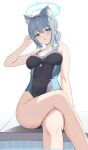  1girl absurdres animal_ear_fluff animal_ears bare_arms black_one-piece_swimsuit blue_archive blue_eyes blush breasts collarbone commentary_request competition_swimsuit covered_navel crossed_legs grey_hair hair_between_eyes halo highres looking_at_viewer medium_breasts one-piece_swimsuit open_mouth pharmarr poolside shiroko_(blue_archive) shiroko_(swimsuit)_(blue_archive) short_hair sidelocks simple_background sitting solo swimsuit thighs white_background 