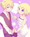  1girl adolescence_(vocaloid) aoi_choko_(aoichoco) bare_arms bare_shoulders blonde_hair brother_and_sister camisole close-up collarbone commentary_request dancing eye_contact flat_chest flower hair_ornament hairclip halterneck highres holding_hands interlocked_fingers kagamine_len kagamine_rin looking_at_another necktie open_mouth polka_dot polka_dot_background shirt short_hair short_ponytail siblings sleeveless_blazer smile spaghetti_strap twins upper_body vocaloid white_camisole yellow_neckwear 