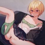  1girl bar_censor black_jacket black_skirt blazer blonde_hair blush bra breasts censored collarbone feet_out_of_frame green_bra green_panties highres idolmaster idolmaster_shiny_colors imoden jacket miniskirt nipples open_clothes open_shirt panties panties_around_one_leg pleated_skirt saijo_juri school_uniform shirt short_hair skirt small_breasts solo spread_legs sweatdrop tears twitter_username underwear white_shirt 