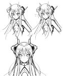  1girl absurdres artist_request bare_shoulders breasts clothing_cutout concept_art dragon_girl dragon_horns english_commentary expressionless godgear_ragdrahod greyscale hair_between_eyes highres horns leotard long_hair looking_at_viewer mechanical_horns monochrome multiple_views second-party_source simple_background sketch small_breasts stomach_cutout very_long_hair 