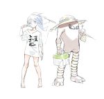  amrkdrw bare_legs barefoot battle_girl_(pokemon) blue_eyes blue_hair clothes_writing food full_body gen_1_pokemon hat highres hitmonlee insect_cage legs_apart long_hair net npc_trainer oversized_clothes oversized_shirt pokemon pokemon_(creature) pokemon_(game) pokemon_oras ponytail popsicle shirt short_sleeves simple_background sketch sparkle standing straw_hat white_background white_shirt yellow_hat 