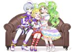  3girls :d bad_id bad_twitter_id blonde_hair boots braid closed_eyes closed_mouth collared_shirt colored_eyelashes couch crown_braid dress epaulettes falulu falulu_(awakened) forehead_jewel frilled_dress frills full_body gloves green_eyes green_hair grey_eyes grey_hair hair_between_eyes hat headphones hug idol_clothes jacket long_hair looking_at_another mdr_onj1807 midorikaze_fuwari mini_hat multiple_girls on_couch open_clothes open_jacket open_mouth parted_bangs pretty_series pripara puffy_short_sleeves puffy_sleeves purple_gloves reverse_trap shikyoin_hibiki shirt shoes short_hair short_sleeves shorts sidelocks sitting smile swept_bangs twintails very_long_hair white_dress white_footwear white_gloves white_hat white_shirt wing_hair_ornament 