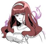  aura bangs blunt_bangs breasts celica_(fire_emblem) cleavage dark_persona detached_collar earrings fire_emblem fire_emblem_echoes:_mou_hitori_no_eiyuuou fire_emblem_heroes hairband jewelry long_hair looking_at_viewer medium_breasts red_eyes red_hair simple_background sketch smile solo spot_color tokusa_riko upper_body white_background 