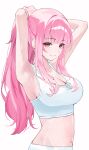 1girl adjusting_hair arms_behind_head breasts cleavage closed_mouth commentary highres hololive hololive_english large_breasts long_hair looking_at_viewer michelan midriff mori_calliope navel pink_eyes pink_hair ponytail sidelocks simple_background smile solo sports_bra sweat symbol-only_commentary virtual_youtuber white_background white_sports_bra 