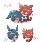  2boys :d ^_^ anger_vein animal_ears antenna_hair bite_mark biting black_necktie black_pants blue_hair chibi cleavage_cutout closed_eyes clothing_cutout collared_shirt commentary_request crossed_arms dark-skinned_male dark_skin diluc_(genshin_impact) ear_biting eyepatch genshin_impact hair_between_eyes hair_intakes hair_over_shoulder heart holding_ear jitome kaeya_(genshin_impact) koma_(km_mmmk) long_hair long_sleeves low_ponytail lying male_focus multicolored_hair multiple_boys necktie on_stomach one_eye_covered open_mouth pants parted_bangs ponytail rabbit rabbit_boy rabbit_ears red_eyes red_hair shirt sidelocks simple_background smile speech_bubble spoken_anger_vein spoken_sweatdrop standing streaked_hair sweatdrop swept_bangs tail vest white_background white_shirt white_vest wolf wolf_boy wolf_ears wolf_tail 