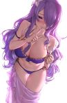  armlet athenawyrm backlighting bikini blush breasts camilla_(fire_emblem_if) cleavage commentary dutch_angle english_commentary finger_to_mouth fire_emblem fire_emblem_heroes fire_emblem_if flower hair_flower hair_ornament hair_over_one_eye halterneck highres large_breasts long_hair looking_at_viewer navel o-ring o-ring_bikini o-ring_bottom o-ring_top parted_lips pulled_by_self purple_bikini purple_eyes purple_hair sarong sidelocks simple_background solo strap_lift swimsuit thigh_gap white_background 