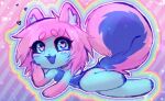  2019 anthro blue_body blue_eyes blue_fur breasts canid canine canis chibi colorful_theme domestic_dog eyelashes feet female fluffy fluffy_hair fluffy_tail fur hair handpaw heart_eyes heart_symbol husky kolae kolae_(character) lying mammal nordic_sled_dog on_side open_mouth open_smile pastel_theme paws pink_hair rainbow scene_haircut smile solo spitz tail 