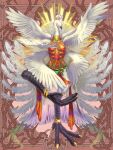  anklet armor bird breastplate brown_background closed_eyes dairoku_ryouhei facing_viewer full_body jewelry multiple_wings peacock_feathers solo standing standing_on_one_leg white_wings wings yuga_sgt 