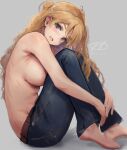  1girl :d barefoot blonde_hair braid breasts brown_eyes commentary_request denim grey_background haruto_(harut_n) highres hugging_own_legs jeans kantai_collection knees_up large_breasts long_hair looking_at_viewer pants sideboob sitting smile solo topless twitter_username wavy_hair zara_(kancolle) 