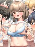 5girls @_@ black_hair blonde_hair blue_eyes blush breast_envy breasts brown_eyes brown_hair closed_mouth clothes_lift commentary_request flat_chest grabbing grabbing_another&#039;s_breast gym_pants highres kuromasu large_breasts looking_at_another low_twintails multiple_girls navel nose_blush one_eye_closed original pants red_pants shirt shirt_lift solo_focus sports_bra stomach tearing_up translation_request twintails white_shirt white_sports_bra yellow_eyes 