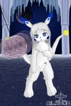 anthro blue_cheeks blue_eyes canid canine erection fox fur genitals hair heart_eyes heart_symbol hi_res humanoid hypnosis hypnotized_prey long_hair looking_at_viewer male mammal mind_control pendulum planet silavos silavos_snow solo space standing tail watermark white_body white_fur white_hair