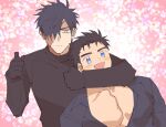  2boys armlock bara black_gloves black_hair black_sweater blue_eyes blush burn_scar bursting_pectorals domo_(domo_kizusuki) gloves grey_eyes hair_over_one_eye kokado_shido_(domo) kokuryu_kai_(domo) large_pectorals looking_at_viewer male_focus multiple_boys muscular muscular_male original pectoral_cleavage pectorals scar scar_across_eye scar_on_face shirt short_hair sideburns smile sparkle_background spiked_hair sweater thumbs_up tight_clothes tight_shirt toned turtleneck turtleneck_sweater upper_body 