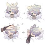  2boys :&lt; ahoge alhaitham_(genshin_impact) animal_ear_fluff animal_ears arm_hug arrow_(symbol) bed_sheet black_gloves black_shirt book cat_ears closed_eyes closed_mouth commentary_request disembodied_limb elbow_gloves fingerless_gloves genshin_impact gloves gold_trim green_eyes grey_hair hair_over_one_eye hand_on_another&#039;s_head headpat headphones holding holding_book kaveh_(genshin_impact) koma_(km_mmmk) male_focus multiple_boys one_eye_covered open_book parted_bangs partially_fingerless_gloves pillow reading rubbing_eyes shirt short_hair sidelocks simple_background sleeping sleepy sleeveless sleeveless_shirt solo_focus squeans sweatdrop swept_bangs under_covers white_background zzz 