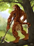 alien animorphs anthro backsack balls black_pawpads digitigrade dreamscape felid forest fur genitals harimau_pasir hi_res holding_melee_weapon holding_object holding_polearm holding_spear holding_weapon host looking_at_viewer looking_back looking_back_at_viewer male male_anthro mammal melee_weapon pantherine pasir pawpads penis plant polearm solo spear standing striped_body striped_fur stripes tiger tree tribal weapon whiskers yeerk yellow_eyes zephyxus