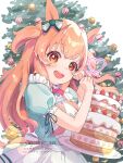  1girl animal_ears blush bow cake christmas_tree commentary_request dress food fruit hair_between_eyes hair_ornament highres holding horse_ears horse_girl long_hair looking_at_viewer mayano_top_gun_(umamusume) official_alternate_costume open_mouth orange_hair puffy_short_sleeves puffy_sleeves short_sleeves smile solo strawberry twintails_day two_side_up umamusume yayame_art 