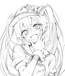  1girl bow buttons dress greyscale hair_bow hand_up hatsune_miku long_hair looking_at_viewer mesmerizer_(vocaloid) monochrome open_mouth puffy_short_sleeves puffy_sleeves sharp_teeth short_sleeves smile solo sparkling_eyes striped_bow teeth thumbnail_surprise tokkyu twintails upper_body very_long_hair visor_cap vocaloid wrist_cuffs 
