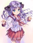  1girl arms_up blue_eyes bow fingernails hair_bow hiiragi_kagami kink_(tortoiseshell) long_hair lucky_star neckerchief purple_hair red_neckerchief ryouou_school_uniform school_uniform serafuku smile solo twintails 