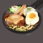  ah_roro egg_(food) food food_focus fried_egg frying_pan grey_background highres meat no_humans original photoshop_(medium) simple_background vegetable 