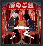  2girls abstract_background black_border black_hair black_jacket black_skin blazer blue_skirt blunt_bangs border bow bowtie breasts colored_sclera colored_skin constricted_pupils fork from_side full_body grey_hair grey_skirt hair_between_eyes hair_ribbon hands_on_table hanging_food higuchi_kaede higuchi_kaede_(1st_costume) hinoyama_ena holding holding_fork holding_knife jacket kneehighs knife kumeta_kouji_(style) large_breasts long_hair long_sleeves looking_at_another multiple_girls necktie nijisanji noren open_mouth parody pig_head pink_bow pink_bowtie plaid plaid_skirt plate pleated_skirt purple_necktie raw_meat red_background red_eyes red_sclera ribbon ringed_eyes school_uniform sitting skirt smile socks style_parody table thighhighs translation_request tsukino_mito tsukino_mito_(1st_costume) unmoving_pattern virtual_youtuber white_ribbon white_socks white_thighhighs 