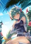  :d blue_swimsuit blush breasts cleavage commentary_request elbow_gloves fate/grand_order fate_(series) flower gloves green_hair highres hinot horns kiyohime_(fate/grand_order) kiyohime_(swimsuit_lancer)_(fate) large_breasts long_hair looking_at_viewer looking_down low-tied_long_hair one-piece_swimsuit open_mouth palm_tree ribbon smile solo swimsuit tree white_gloves yellow_eyes yellow_ribbon 