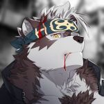  1boy ainu_clothes animal_ear_fluff animal_ears bara blood blood_from_mouth blood_on_face blurry blurry_background english_commentary furry furry_male gakuran grey_fur grey_hair headband horkeu_kamui letleo94950 looking_at_viewer male_focus portrait school_uniform short_hair slit_pupils solo three_quarter_view tokyo_afterschool_summoners two-tone_fur wolf_boy wolf_ears yellow_eyes 