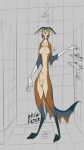 15(brewfilter) 9:16 absurd_res anthro brewfilter canid canine female fox fur genital_piercing genitals grey_fox hi_res looking_at_viewer mammal piercing public_shower shower_room urocyon wet wet_body