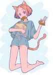  1girl animal_ears bag barefoot blue_background blue_shirt blue_shorts cat_ears cat_girl cat_tail dated feet food full_body highres holding holding_bag holding_food kneeling looking_at_viewer original purple_eyes red_hair shirt short_hair shorts solo sup_(wwwsupwww) tail taiyaki v wagashi yellow_collar 