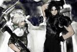  2boys abstract_background arm_up armor belt black_gloves black_hair black_shirt blonde_hair blue_eyes clothes_grab cloud_strife cloud_virtu crisis_core_final_fantasy_vii facing_to_the_side final_fantasy final_fantasy_vii gloves green_scarf gun hand_on_own_hip hand_up hashtag-only_commentary highres holding holding_gun holding_sword holding_weapon light_smile looking_to_the_side male_focus multiple_boys parted_bangs pauldrons rifle scarf shinra_infantry_uniform shirt short_hair shoulder_armor sleeveless sleeves_rolled_up spiked_hair suspenders sword sword_on_back turtleneck upper_body weapon weapon_on_back zack_fair 