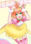  1girl animal_ears anno_(bambi1103no) blonde_hair breasts dress easter freyja_wion frills green_eyes hair_ornament happy_easter heart heart_hair_ornament highres looking_at_viewer macross macross_delta multicolored_hair open_mouth orange_hair rabbit_ears short_hair skirt smile 