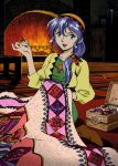  blanket blue_eyes blue_hair fireplace hat holding indoors looking_at_viewer lowres luna_noah lunar lunar:_the_silver_star official_art open_mouth sewing sleeves_past_wrists solo 