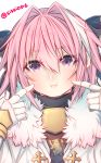  :i astolfo_(fate) bangs black_ribbon black_shirt blush cheek_poking closed_mouth cross emblem eyebrows_visible_through_hair fate/apocrypha fate_(series) fur-trimmed_cloak fur_collar gauntlets hair_between_eyes hair_intakes hair_ribbon hands_up highres looking_at_viewer male_focus medium_hair multicolored_hair nose_blush otoko_no_ko pink_hair poking purple_eyes ribbon shirt shisei_(kyuushoku_banchou) simple_background solo streaked_hair twitter_username upper_body white_background white_cloak white_hair 